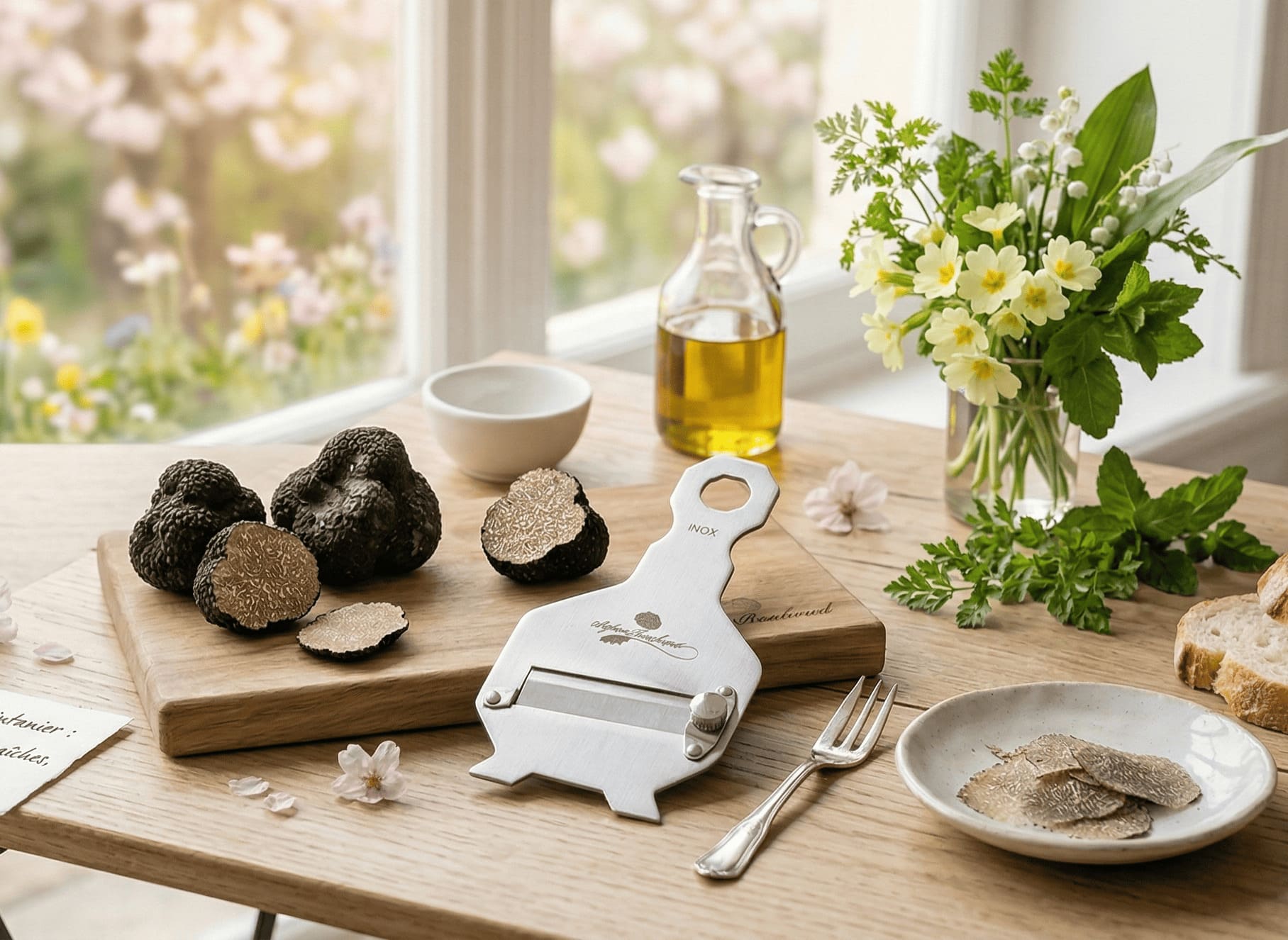 Truffe noire fraîche Tuber Melanosporum posée sur un tissu avec mandoline en inox