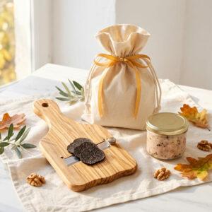Ensemble Cadeau Mandoline olivier Signée, Terrine de Truffes Tuber Melanosporum 3% et Pochon