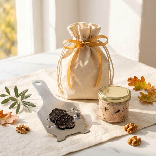 cadeau epicerie truffe terrine madoline inox Ensemble Cadeau Mandoline Inox Signée, Terrine de Truffes Tuber Melanosporum 3% et Pochon